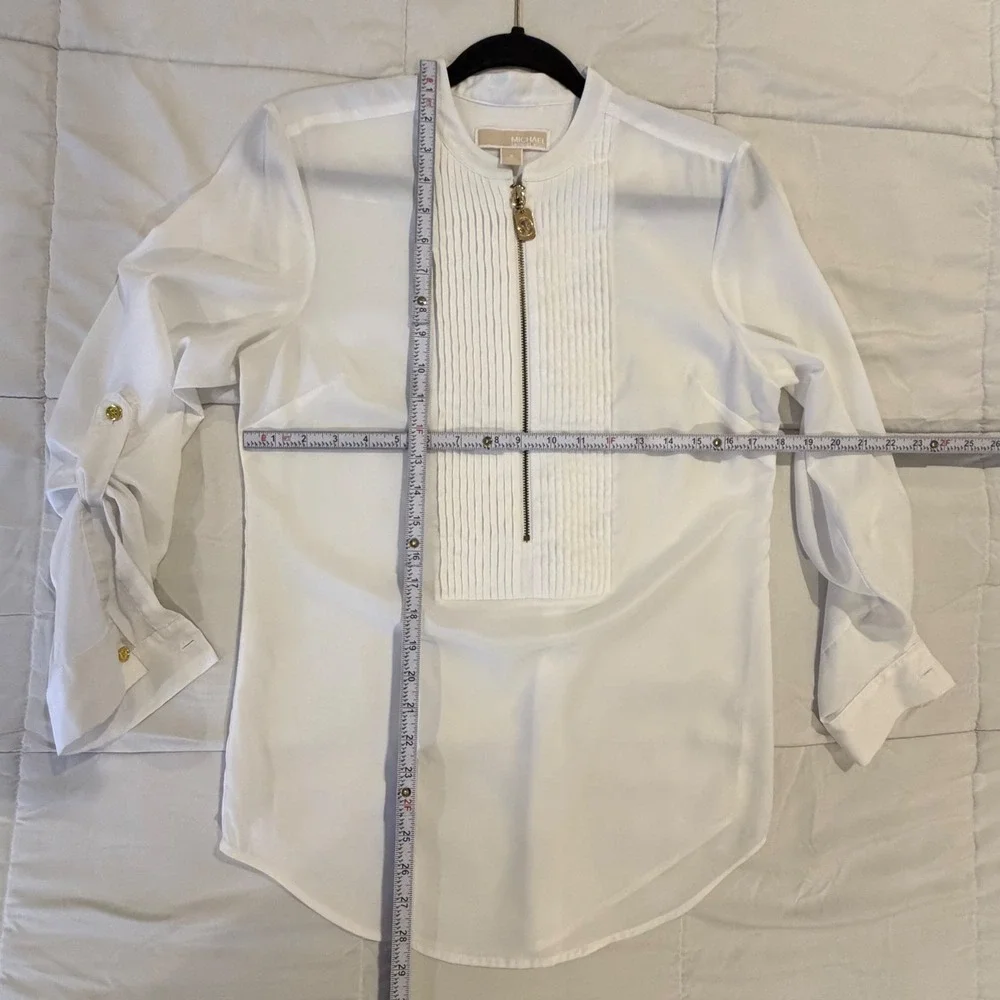 Michael‎ Kors Pleated Zip Front Blouse Womens S White Roll Tab Sleeve